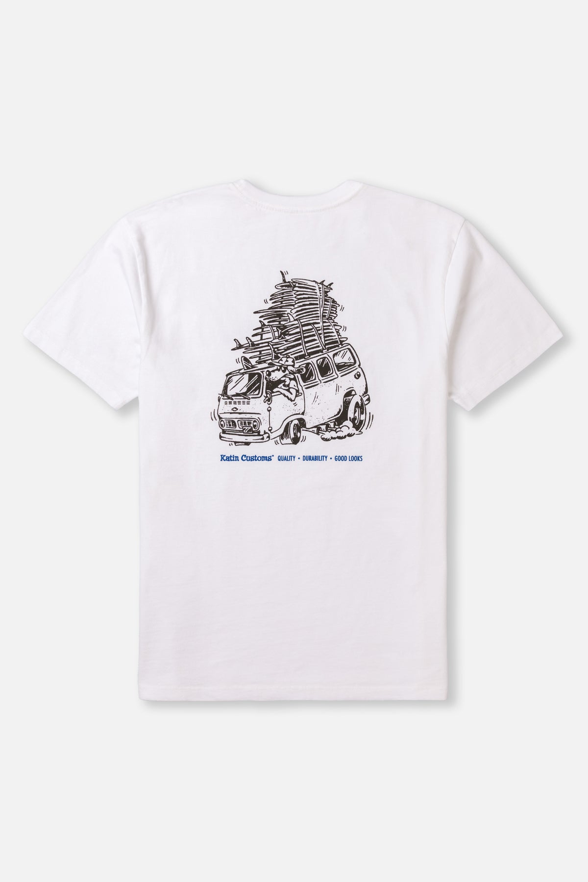 White t-shirt with a graphic of a van and text on the back against a white background