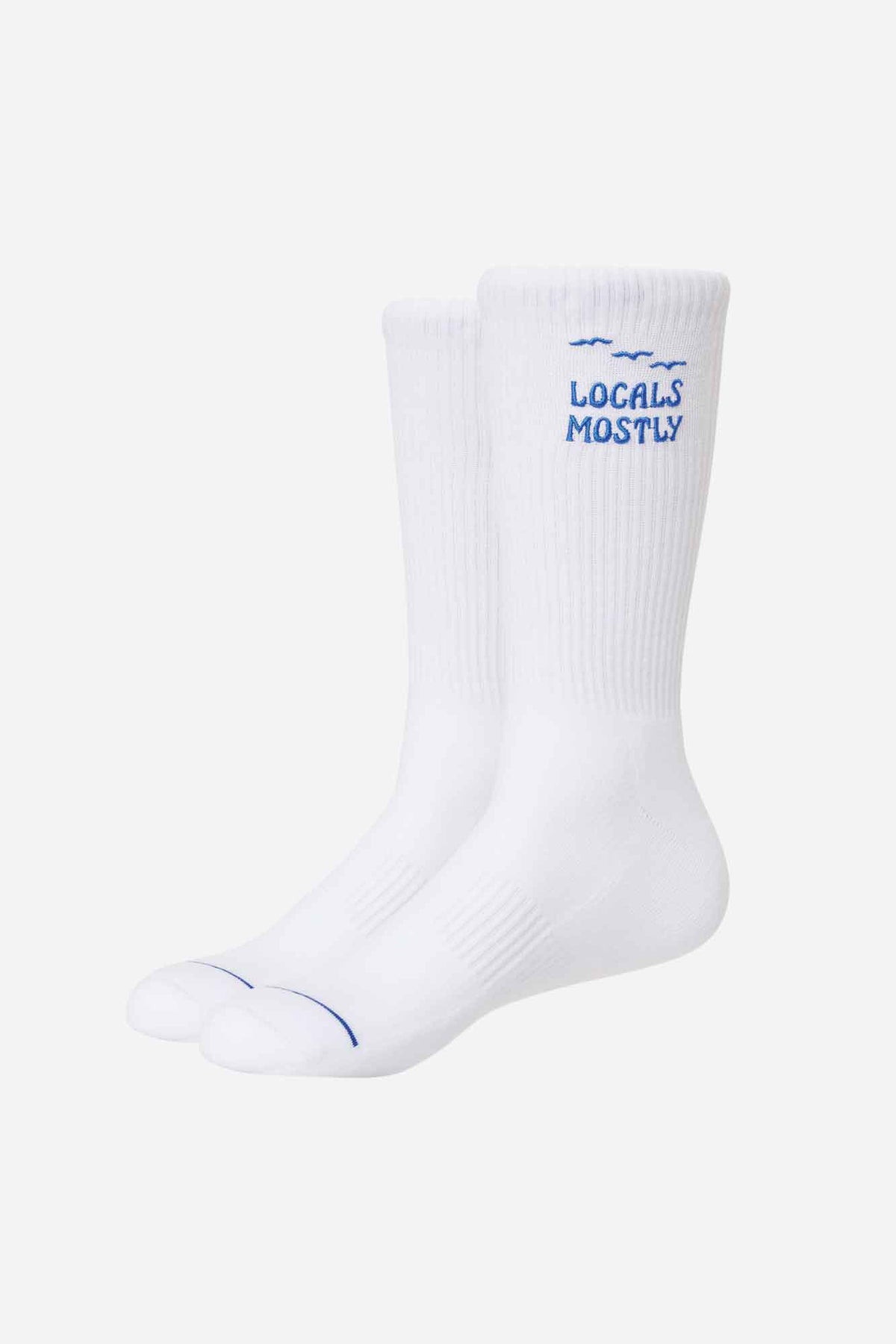 White socks with blue text on a white background