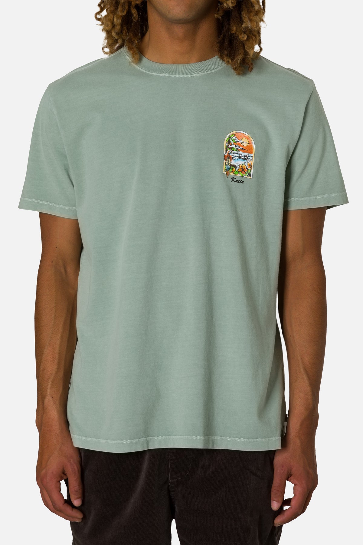 Person wearing a light green t-shirt with a colorful graphic on the chest against a plain background