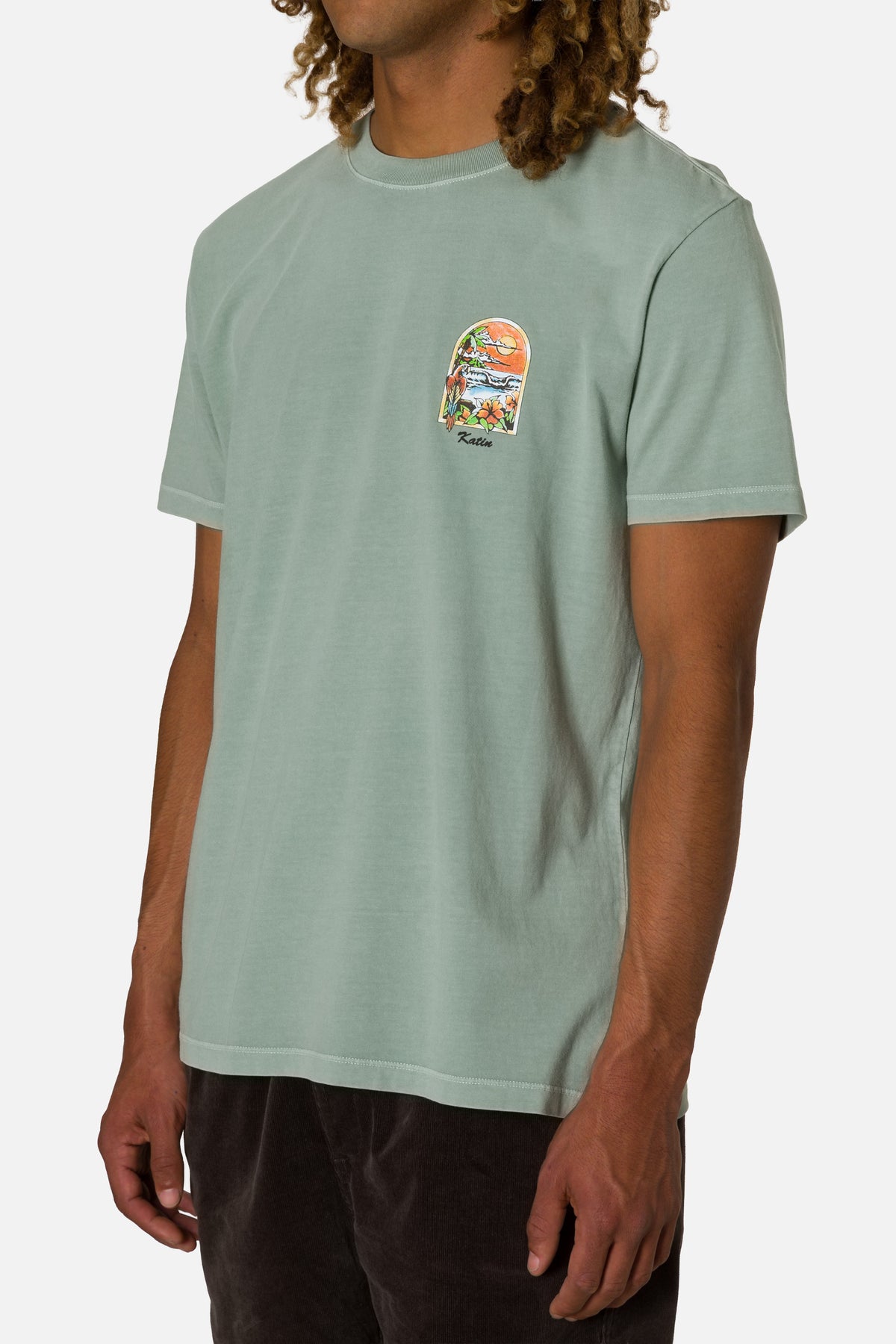 Person wearing a light green t-shirt with a graphic design on a white background