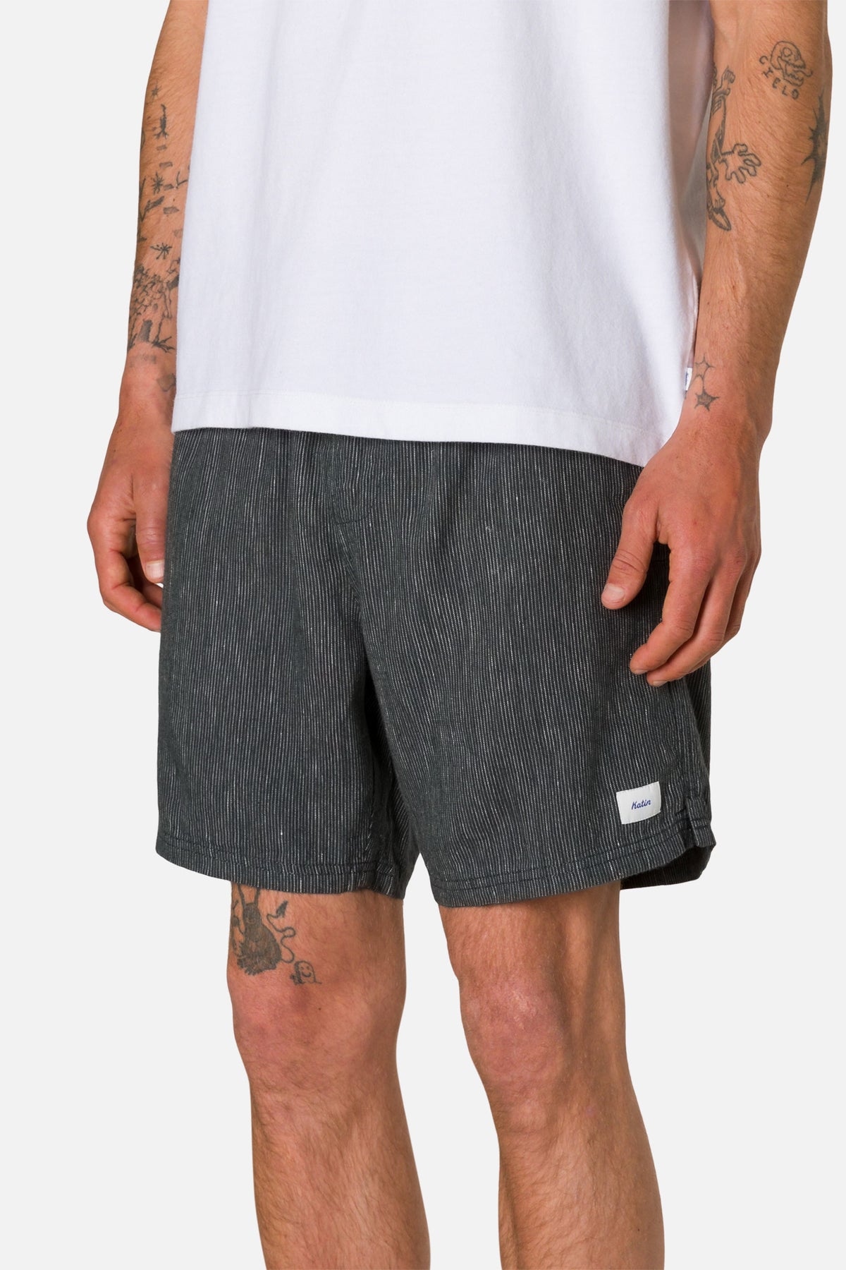 Katin Stevens Local Short in Black Wash with a 60% linen, 40% rayon yarn dyed stripe #color_black wash