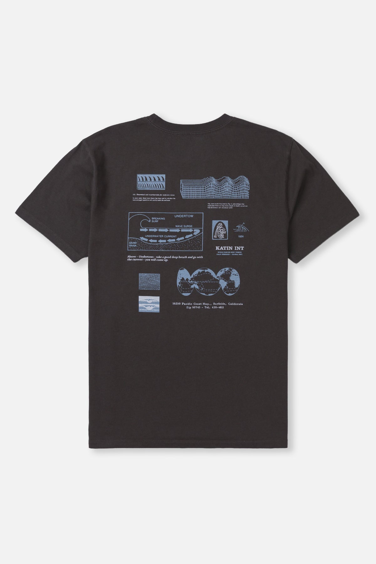 Black t-shirt with graphic designs on a white background