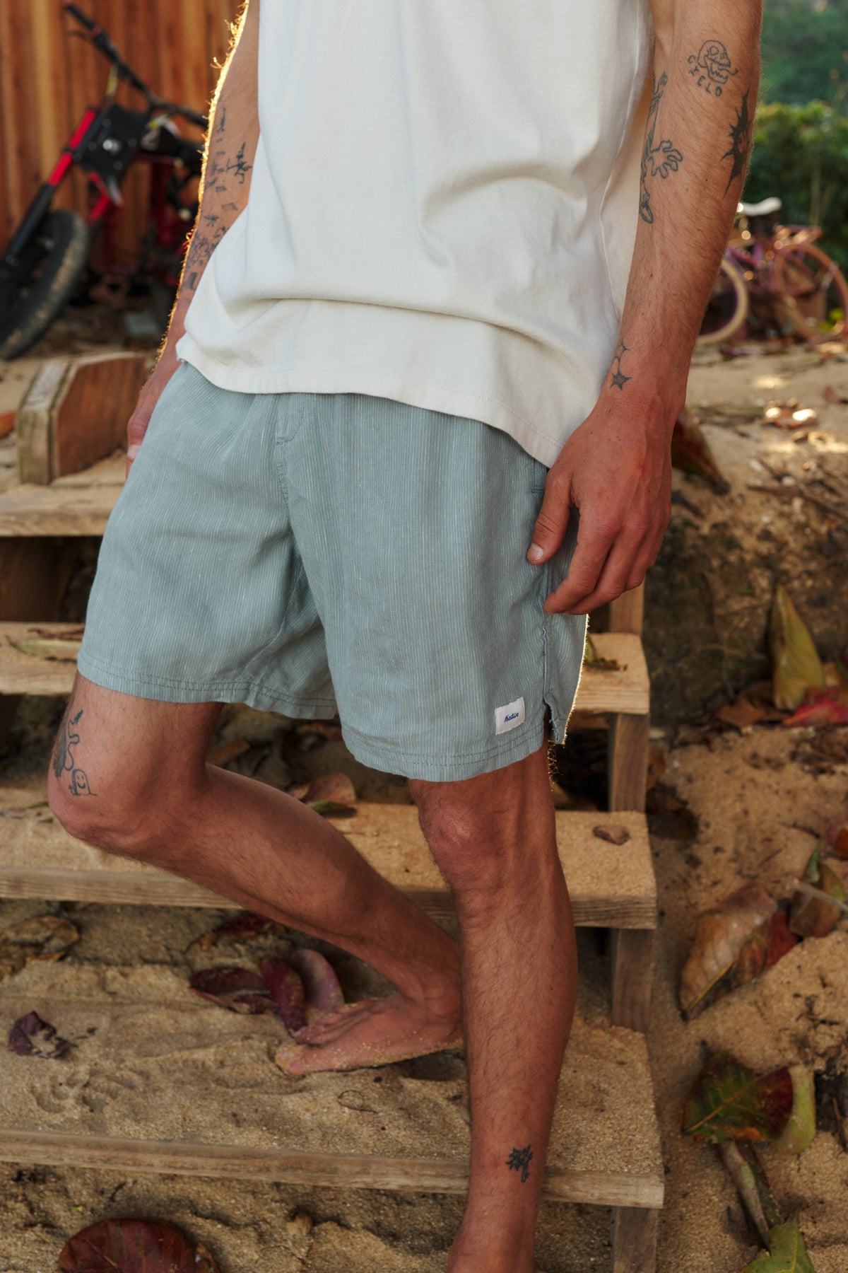 Katin Stevens Local Short in Abyss with a 60% linen, 40% rayon yarn dyed stripe #color_abyss