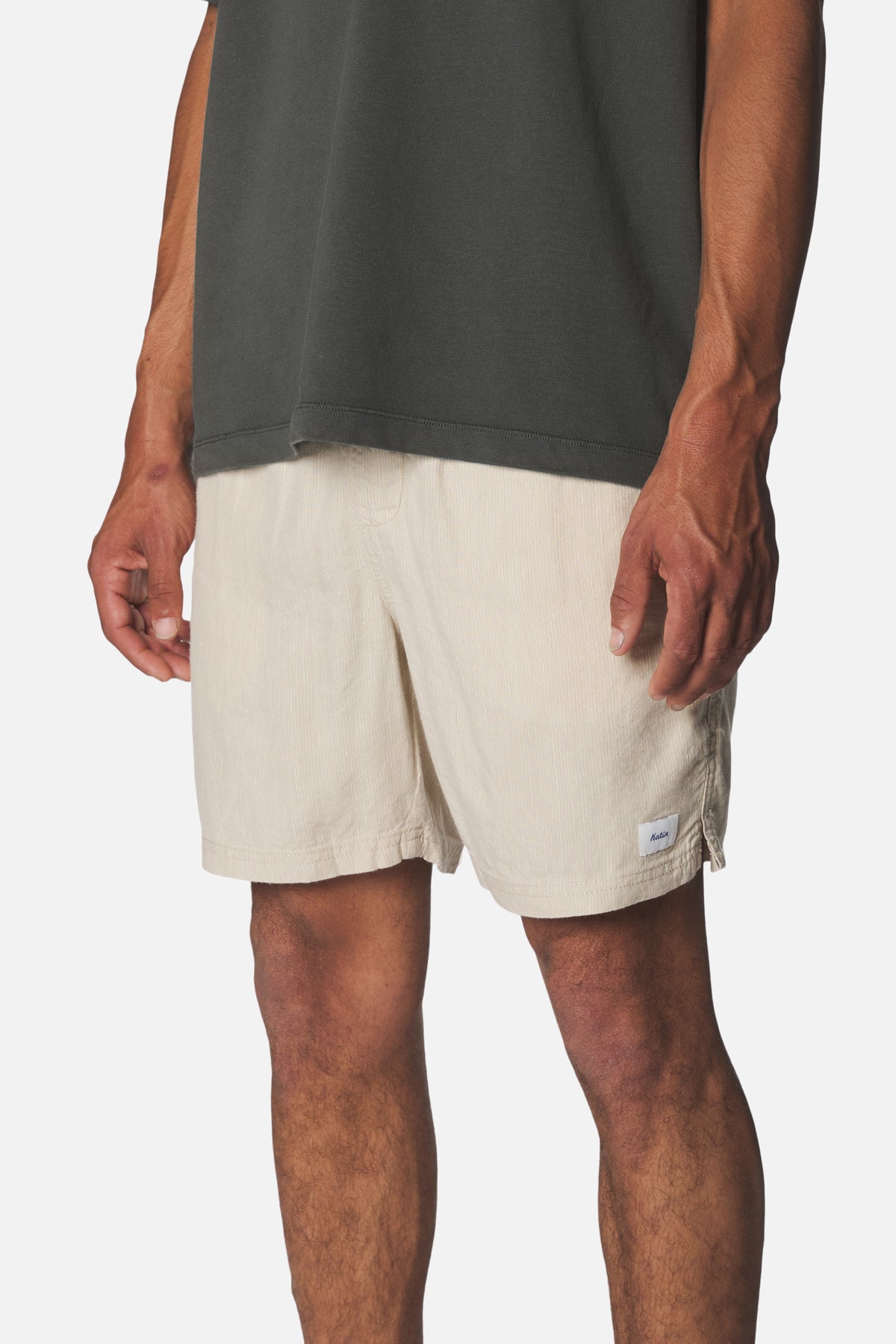 Katin Stevens Local Short in Pelican with a 60% linen, 40% rayon yarn dyed stripe #color_pelican