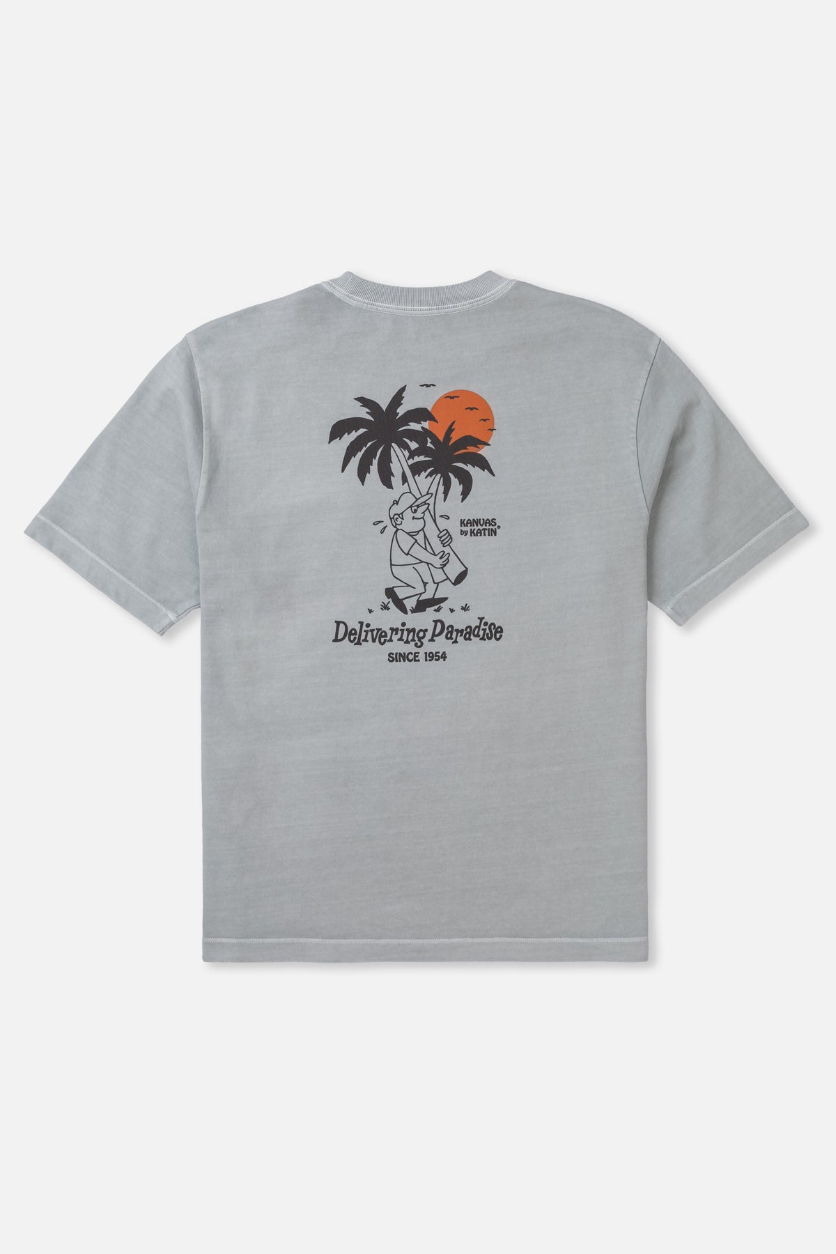 Gray t-shirt with a graphic design on the back featuring palm trees and a sunset, on a white background.