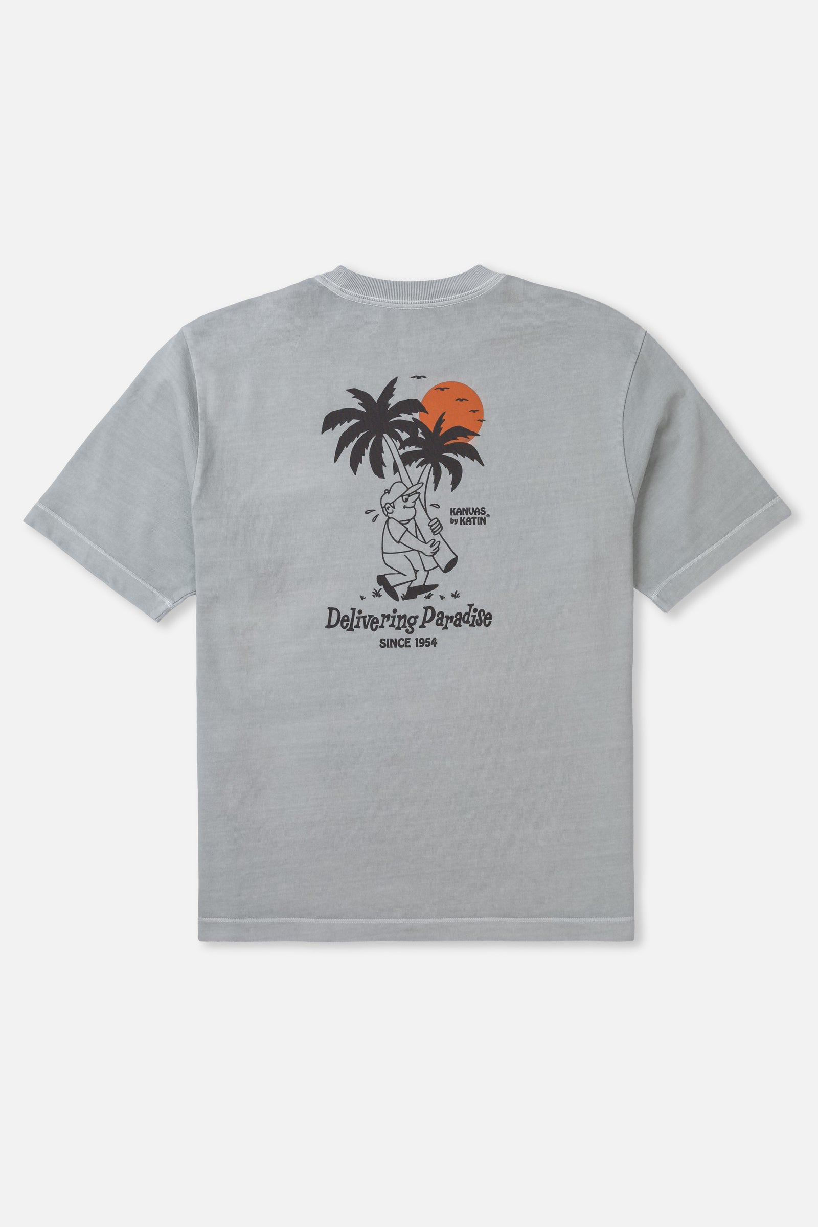 Gray t-shirt with a graphic design on the back featuring palm trees and a sunset, on a white background.