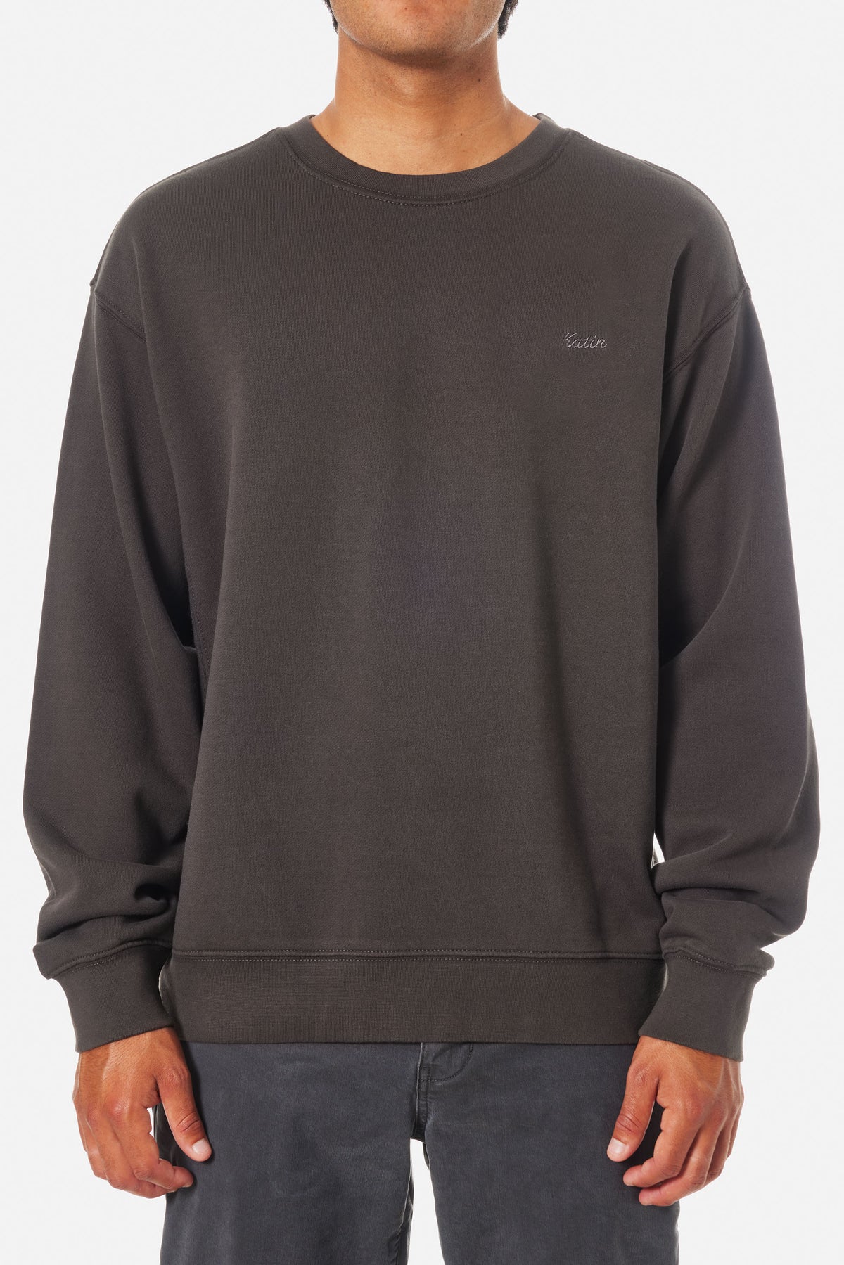 Black wash sweatshirt with embroidered Katin logo on a white background