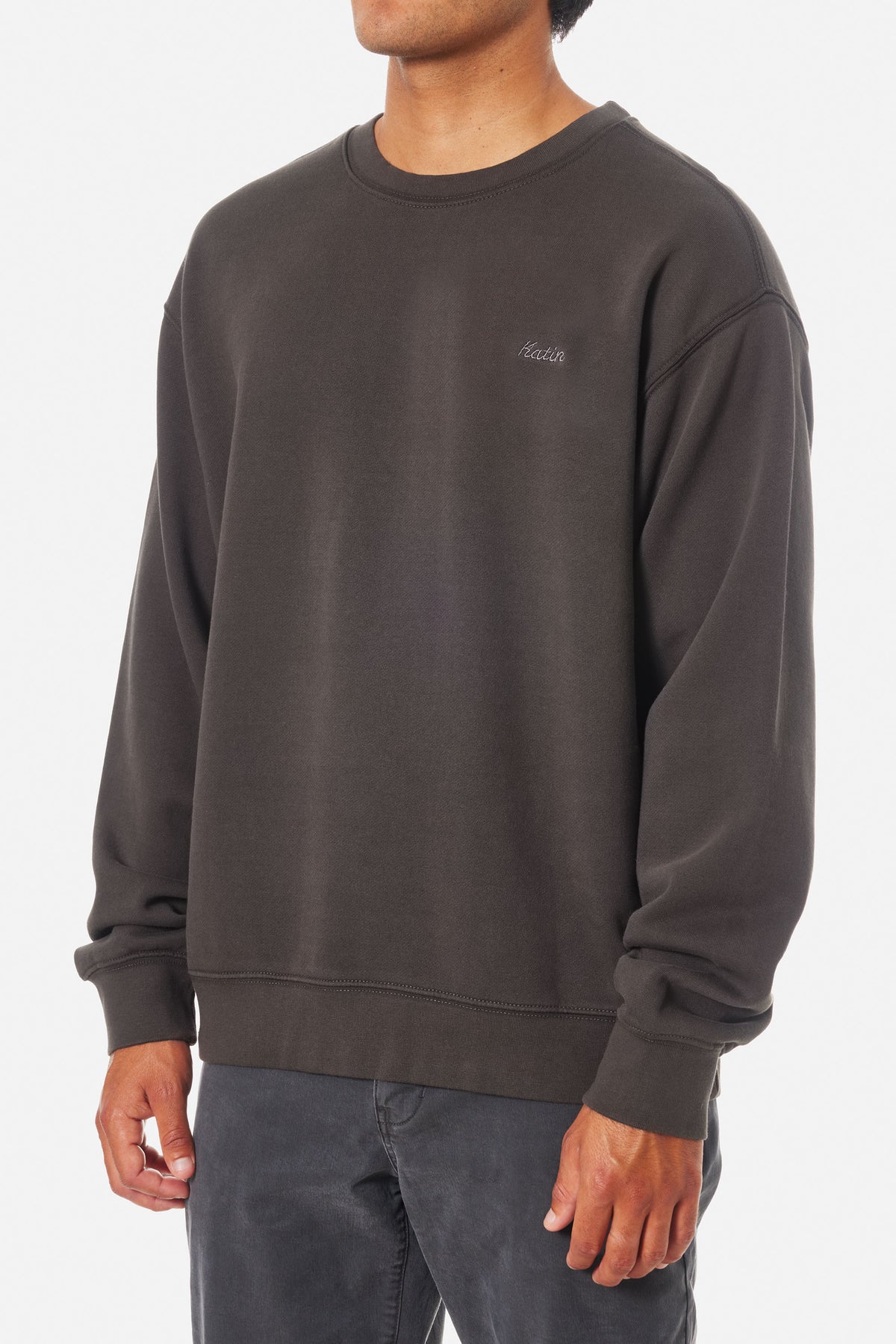 Black wash sweatshirt with embroidered Katin logo on a white background