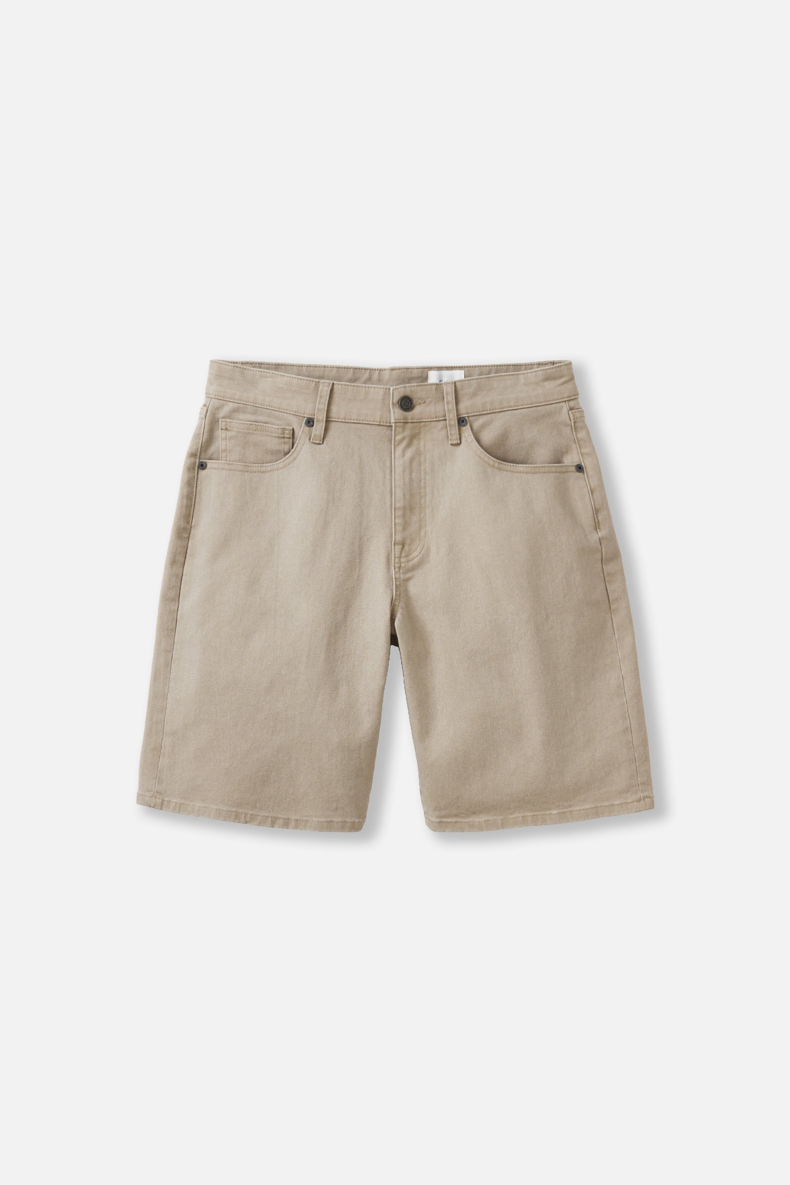 Tan denim shorts on a white background