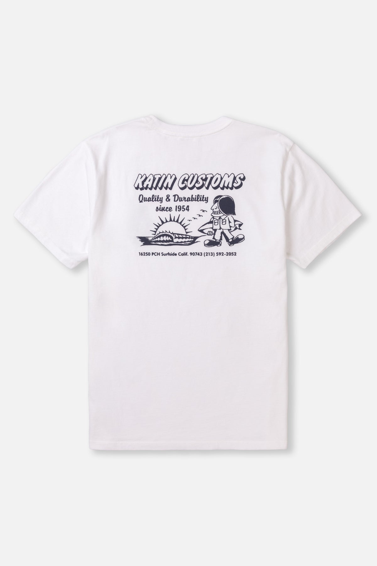 White t-shirt with black graphics and text on a white background