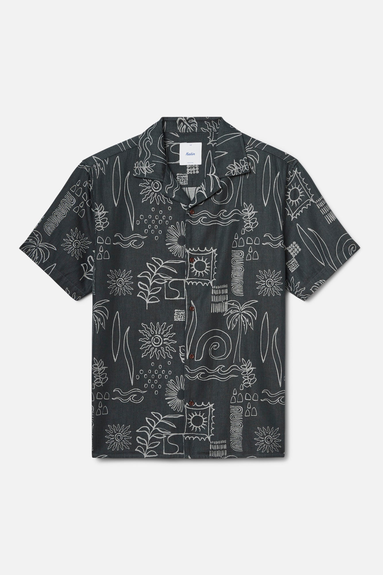 Black short-sleeve shirt with white abstract pattern on a white background