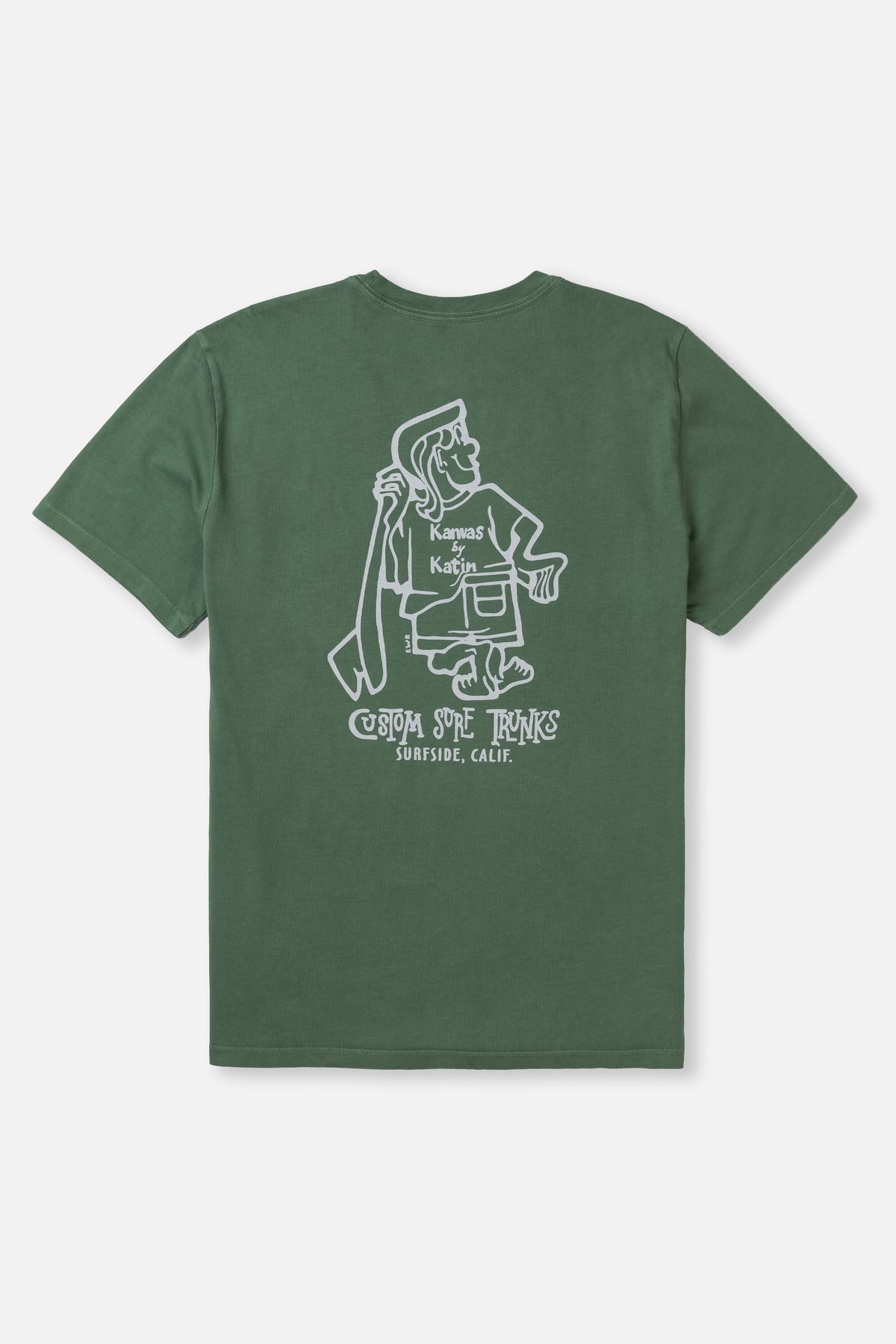 Green t-shirt with white graphic design on a white background