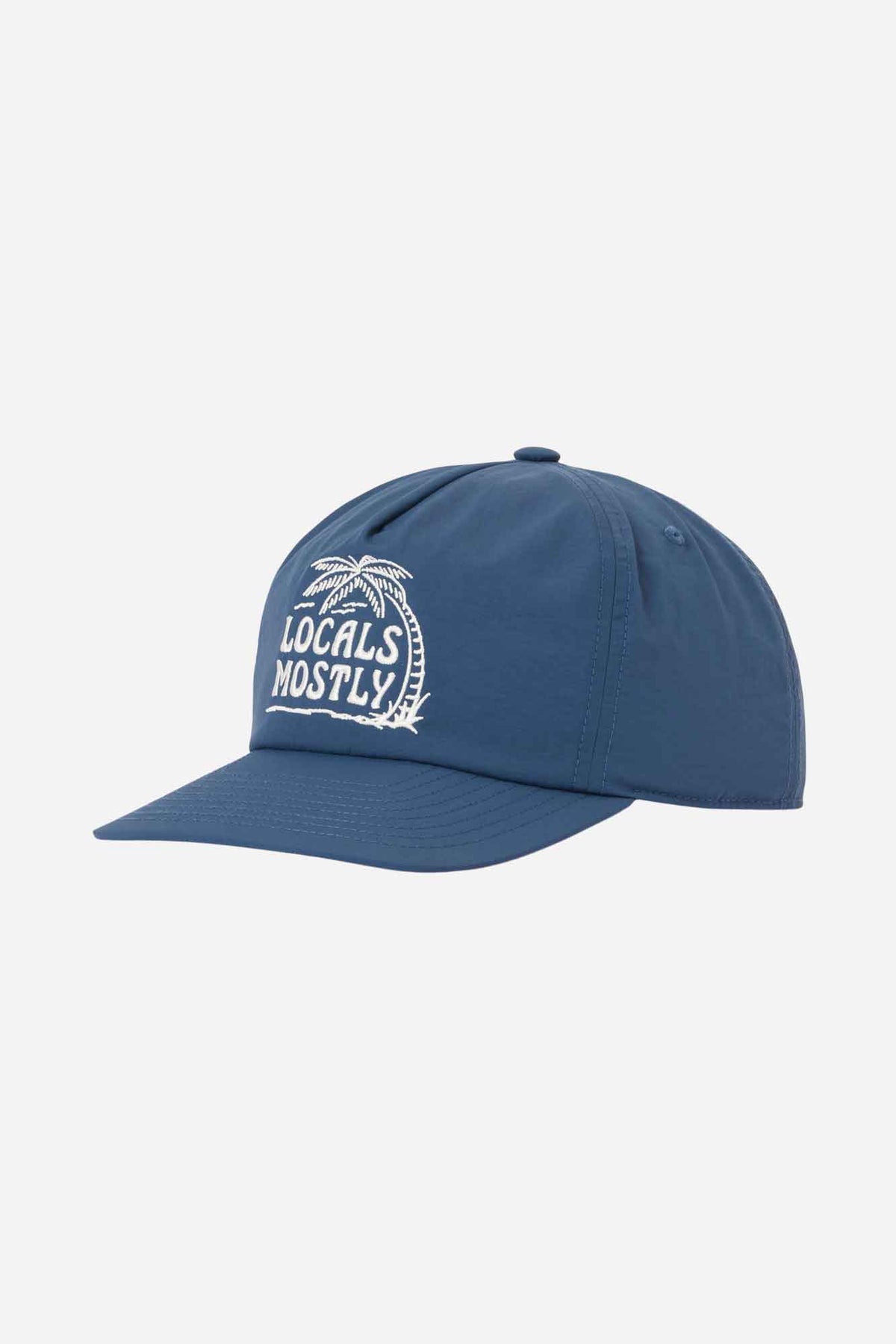 A blue baseball cap with 'Locals Mostly' embroidered on the front.