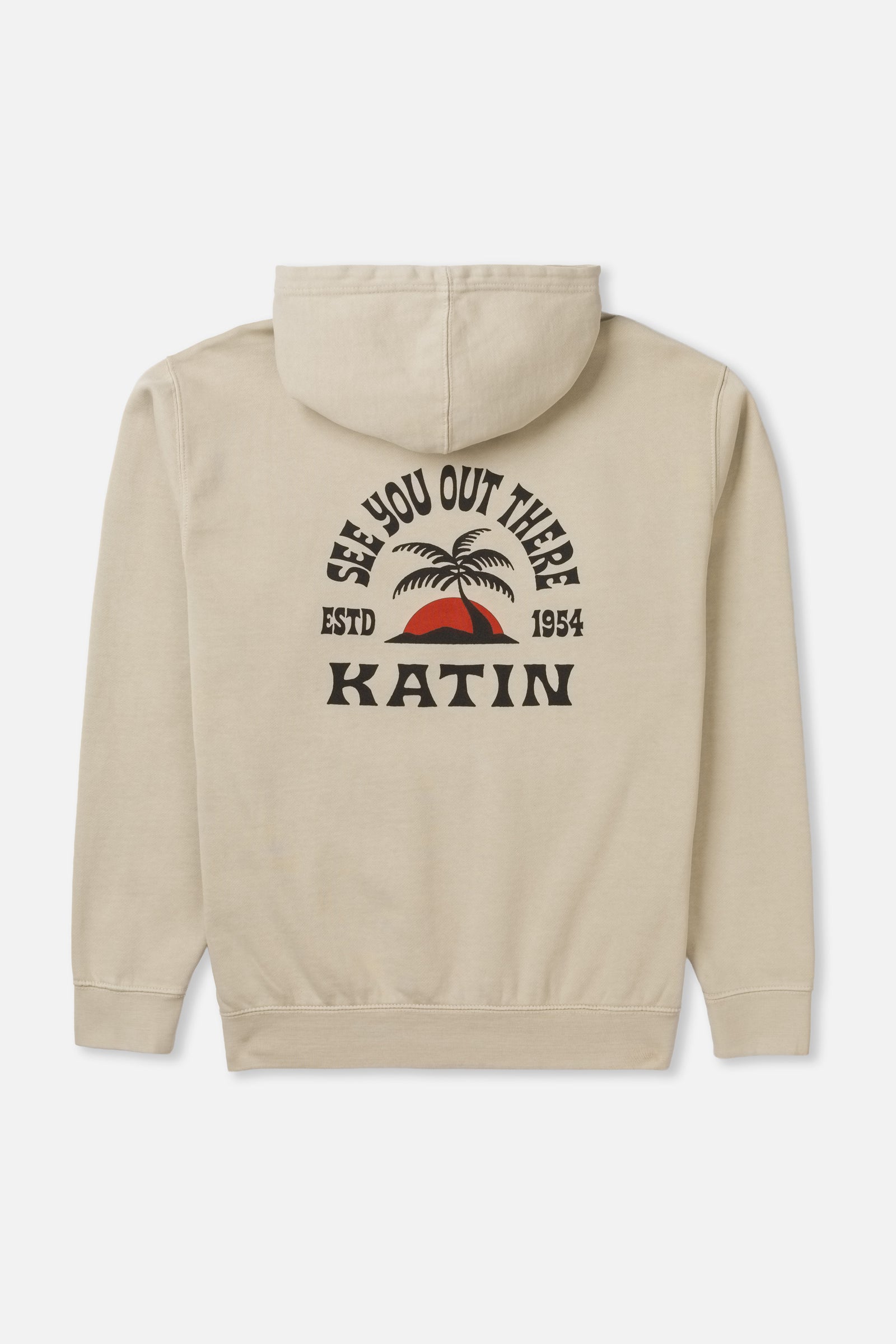 Beige hoodie with 'Katin' branding and text on the back against a white background