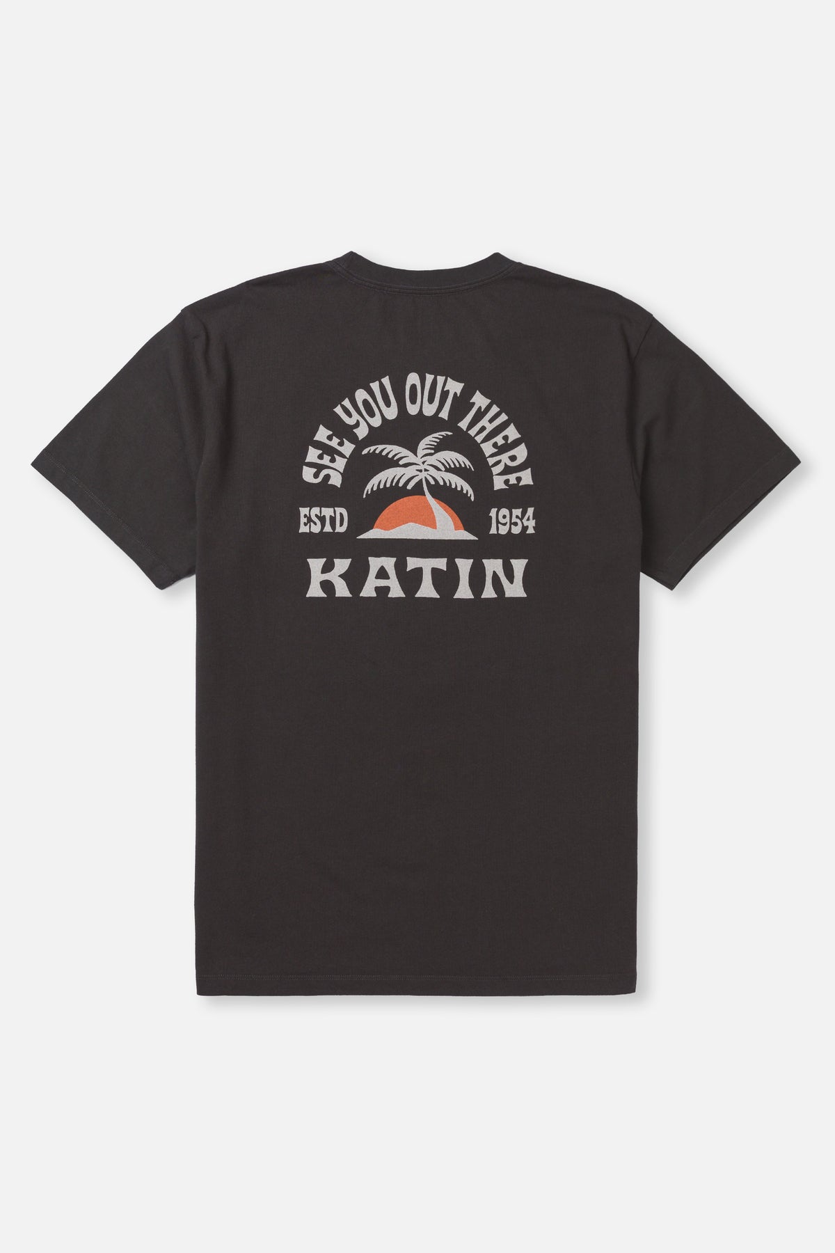 Black t-shirt with palm tree graphic and text on a white background
