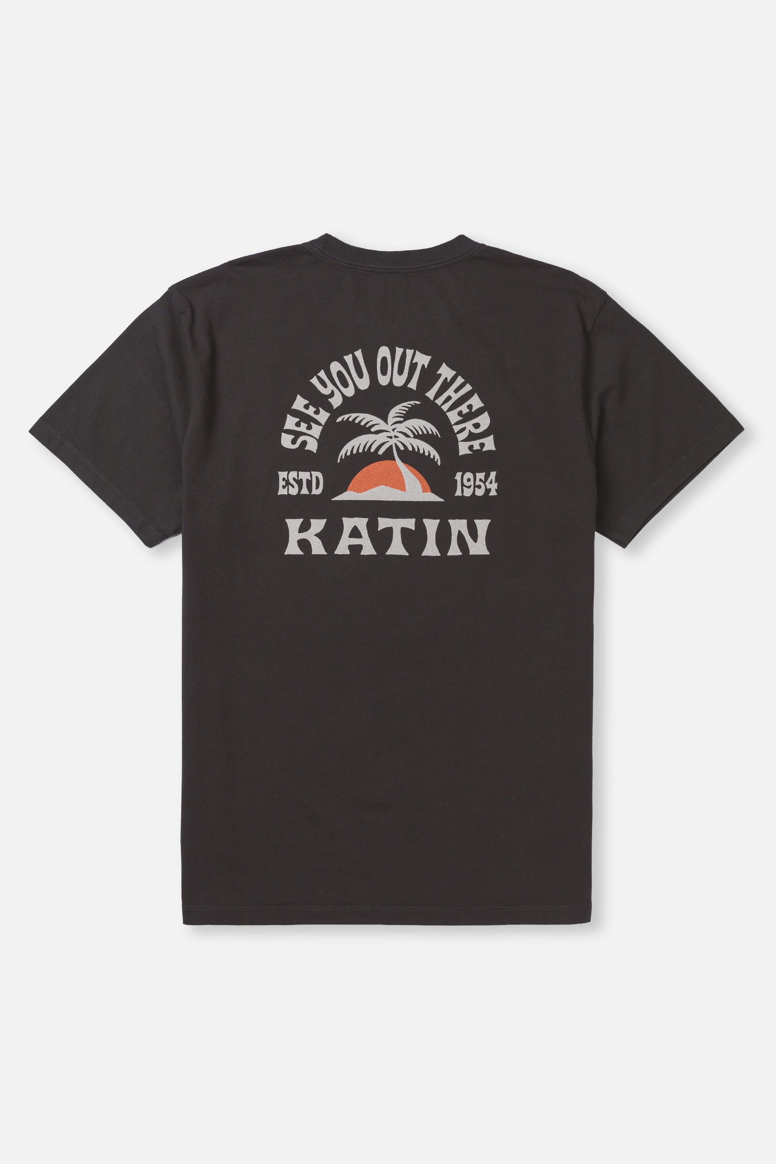 Black t-shirt with palm tree graphic and text on a white background