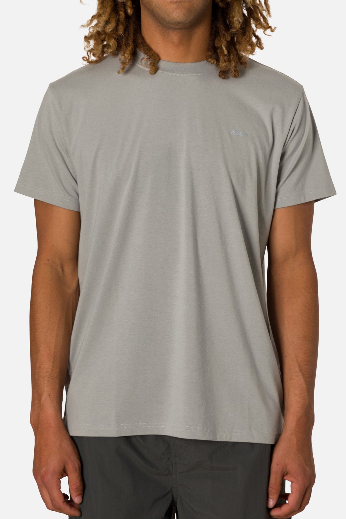 Person wearing a plain gray t-shirt on a white background