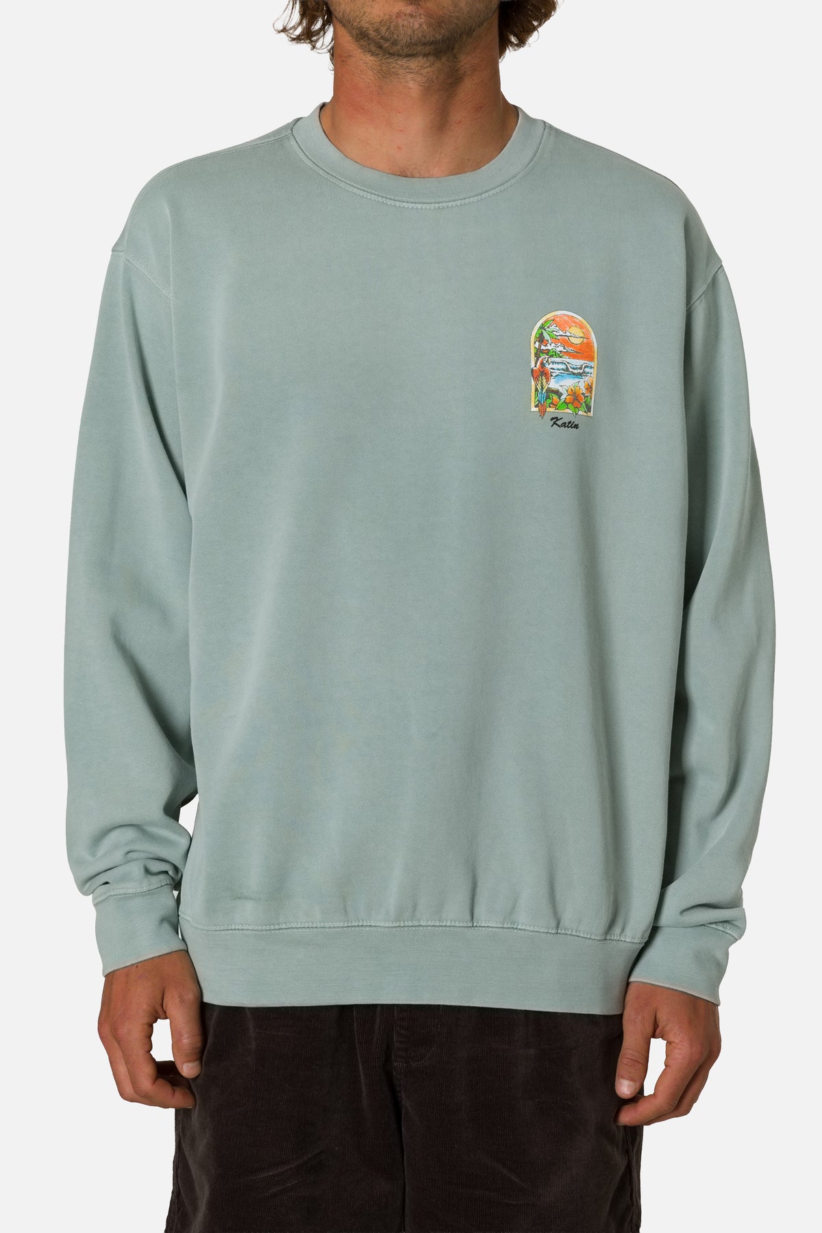 Person wearing a light green sweatshirt with a colorful graphic on a white background