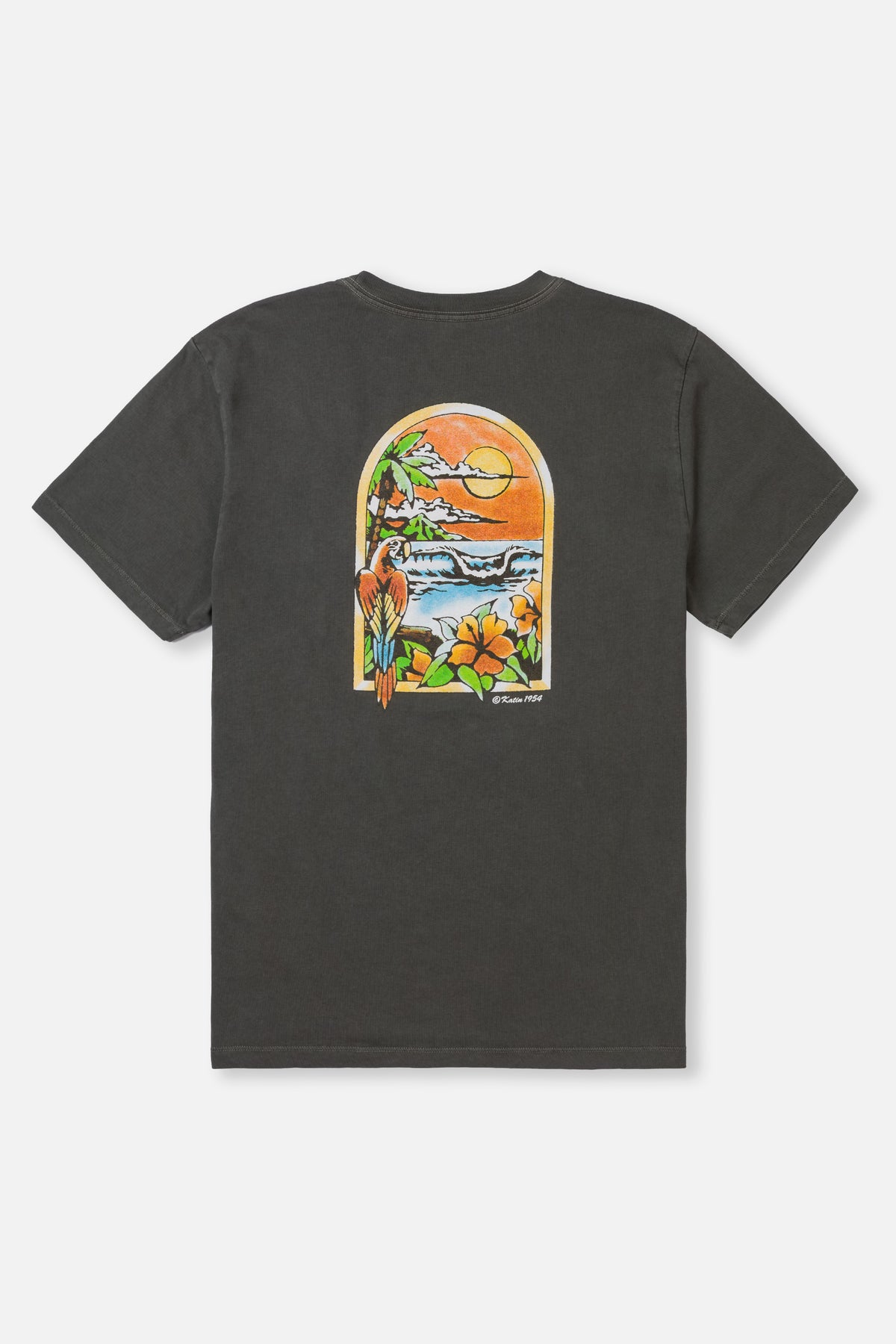 Black t-shirt with a colorful graphic on a white background