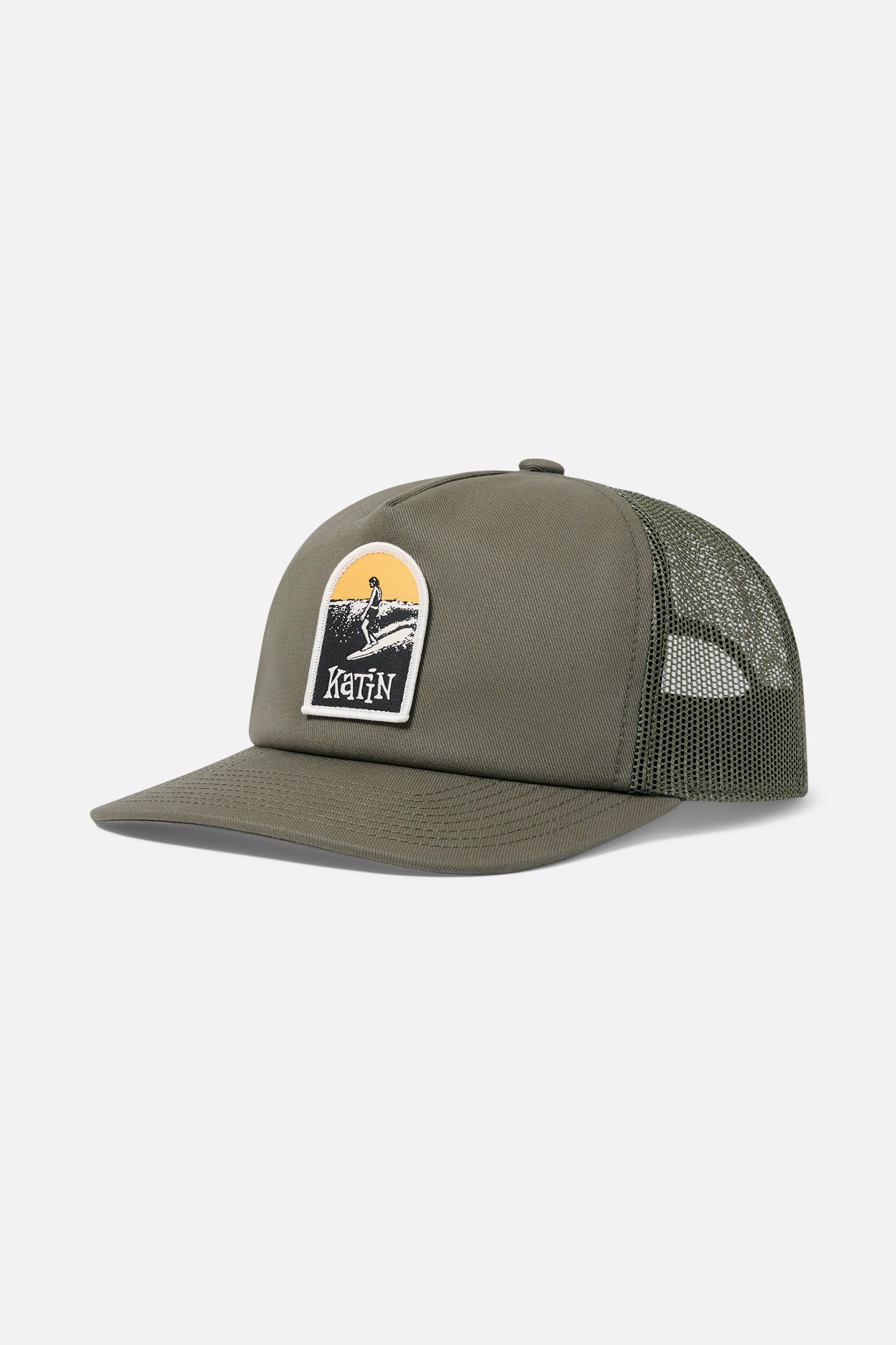 Green hat with arch design and surfer with trucker mesh backing