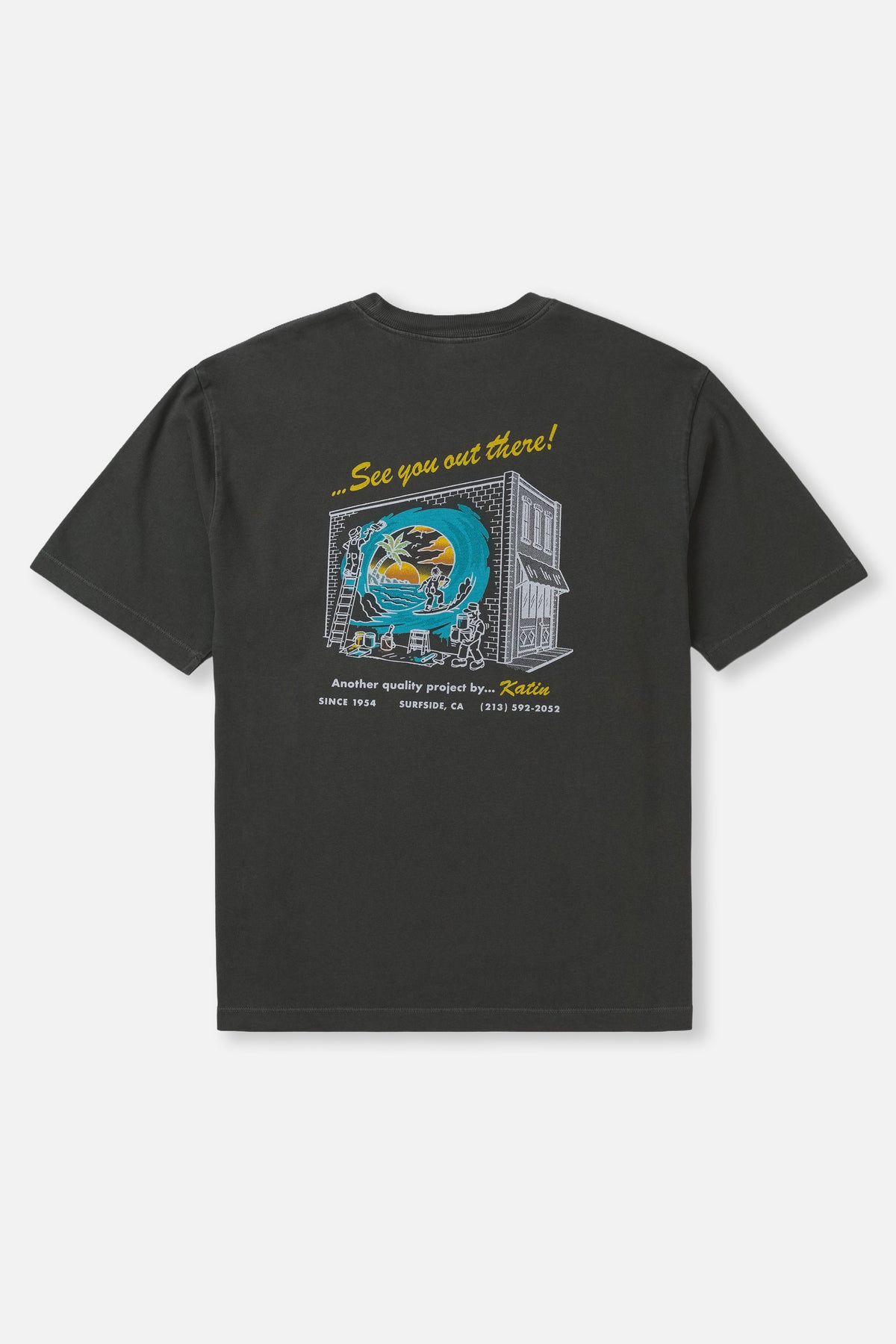 Black t-shirt with graphic design on the back against a white background