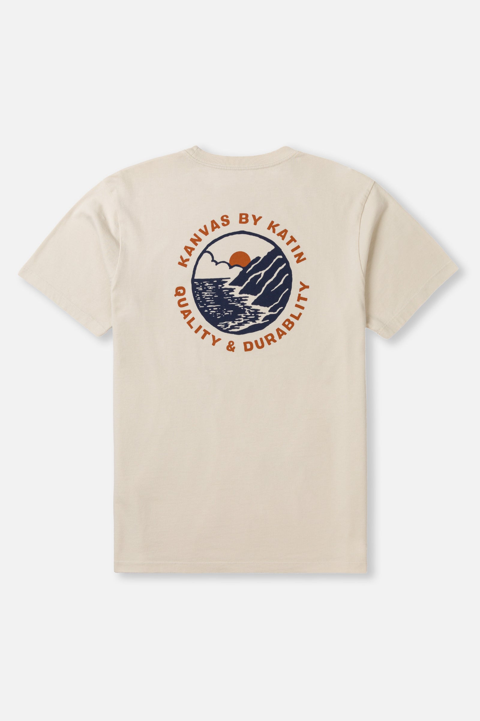 Beige t-shirt with a graphic design on the back on a white background