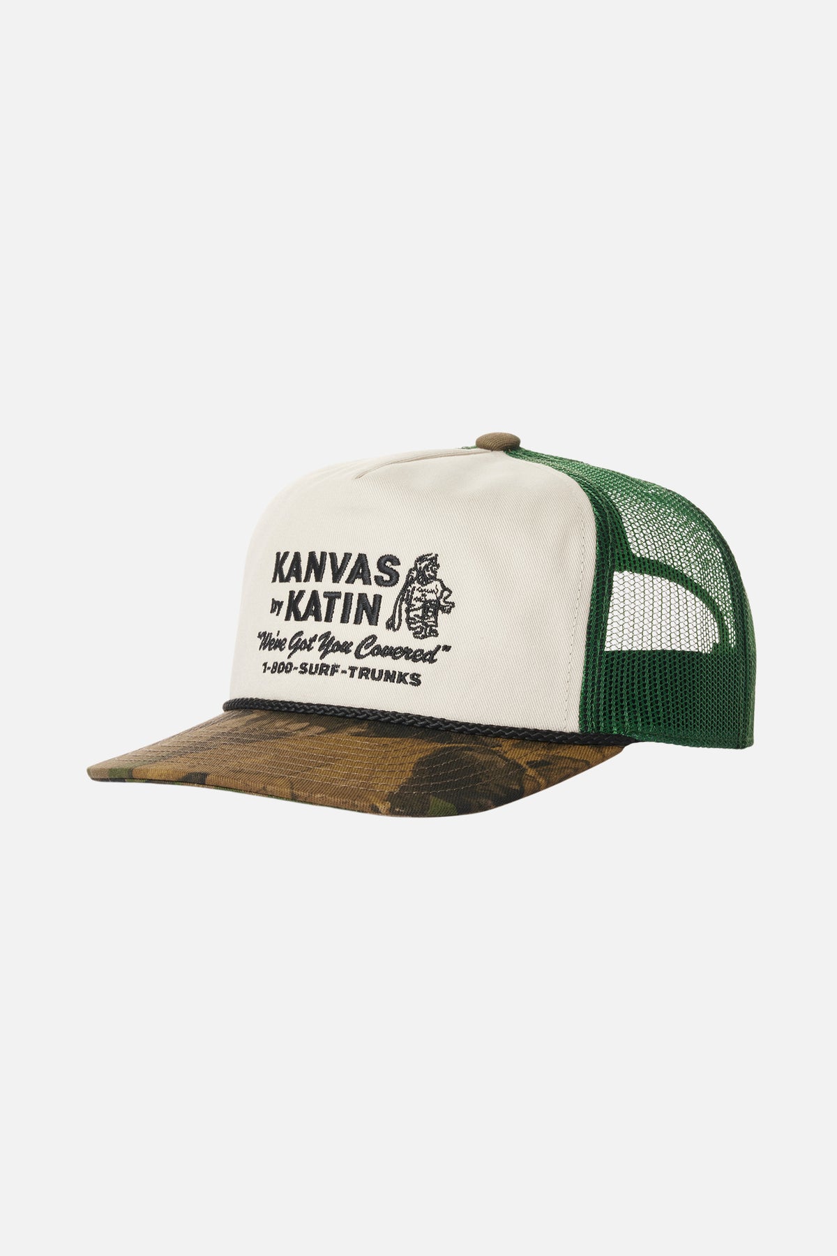 Trucker hat with mesh back and embroidered logo on a white background