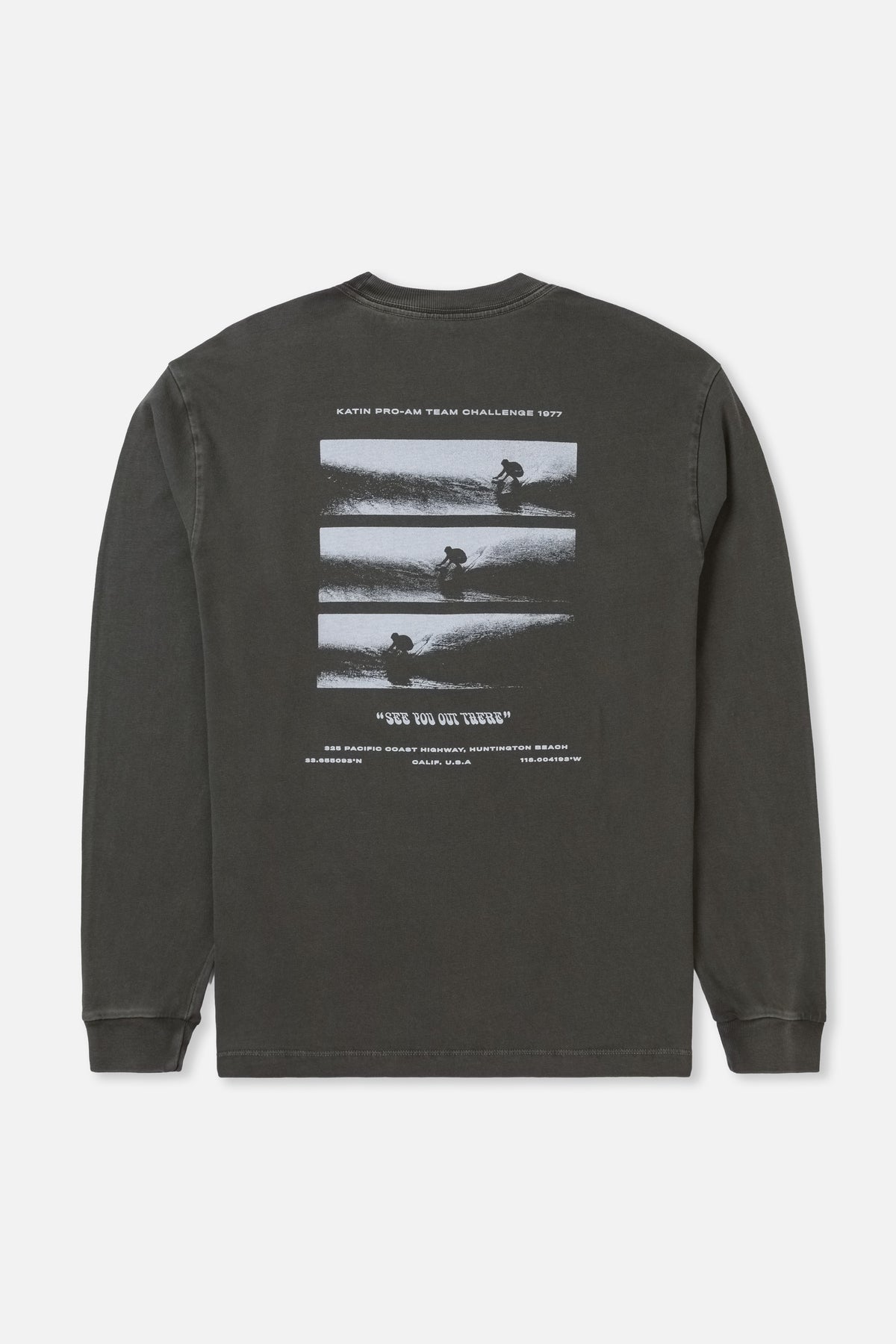 Black long-sleeve shirt with graphic design on a white background