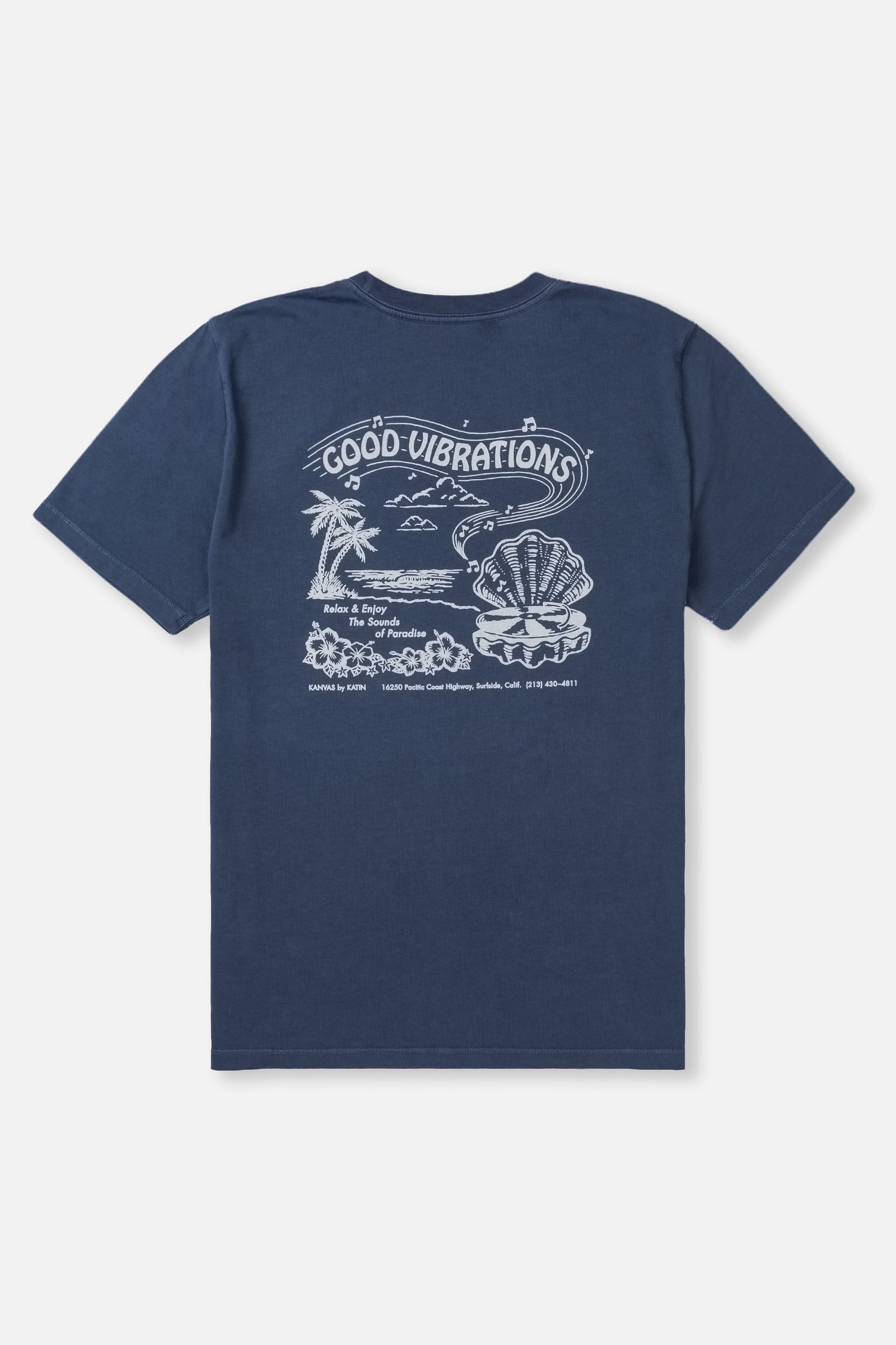 Navy blue t-shirt with a graphic design on the back against a white background