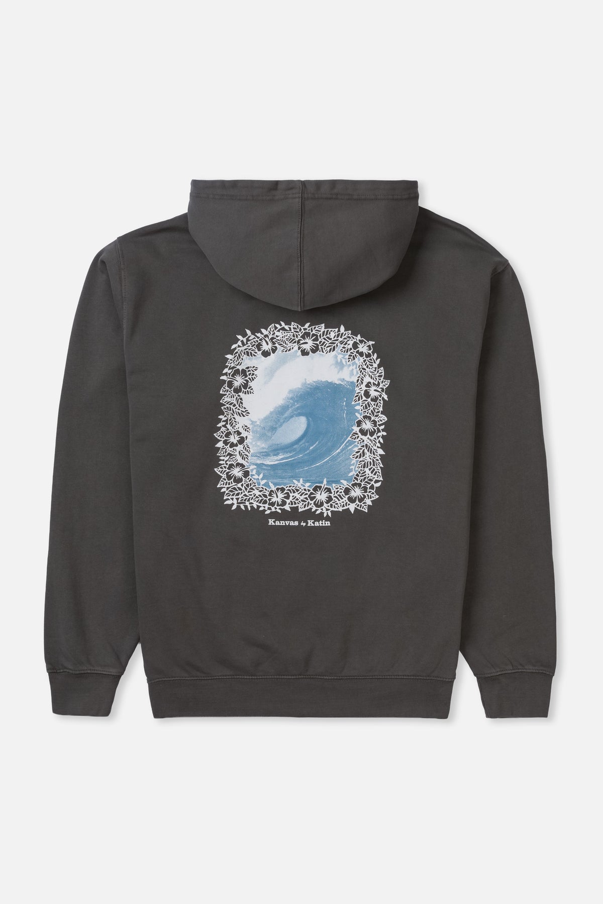 Black hoodie with a floral and wave design on the back against a white background