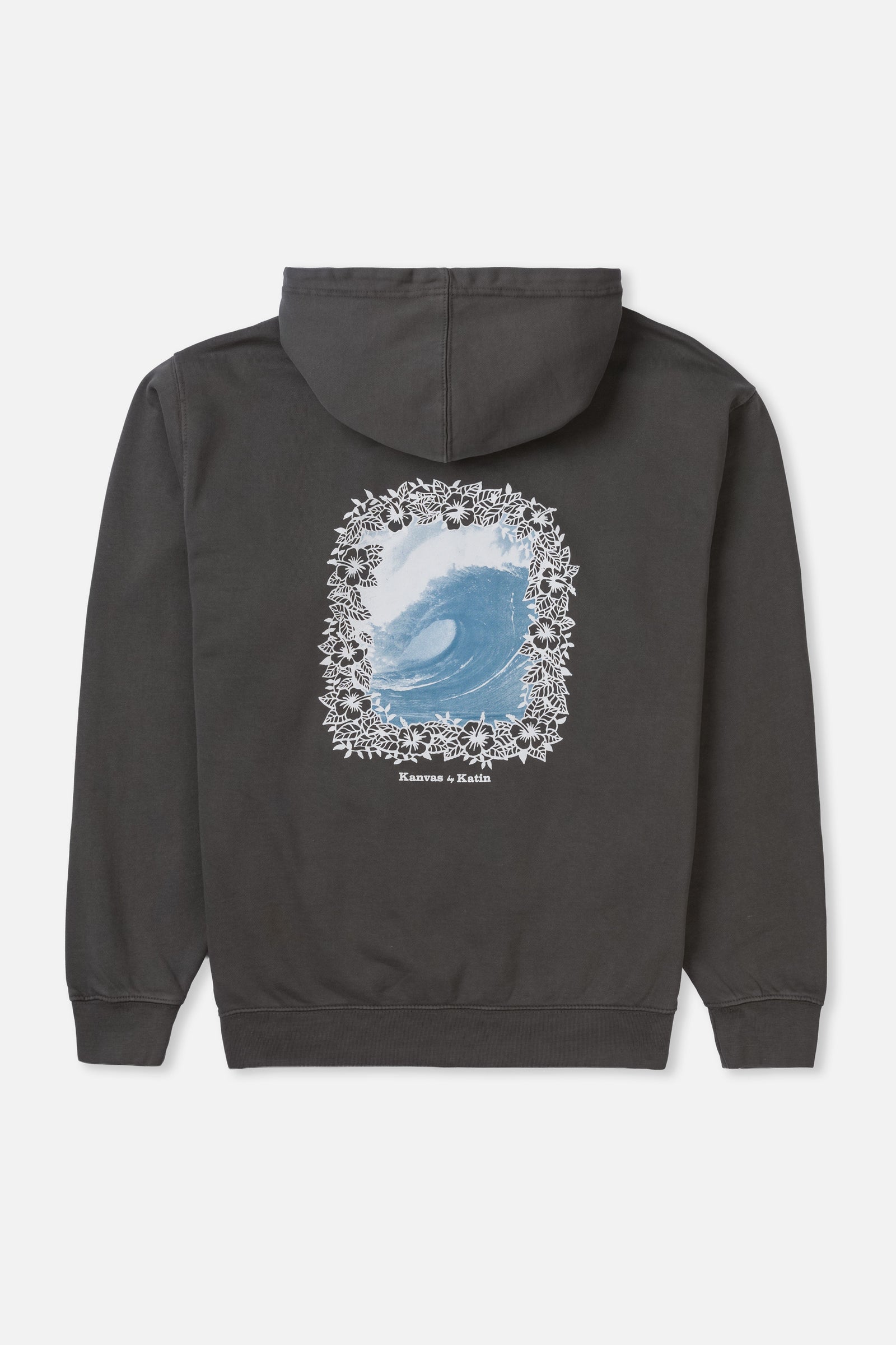 Black hoodie with a floral and wave design on the back against a white background