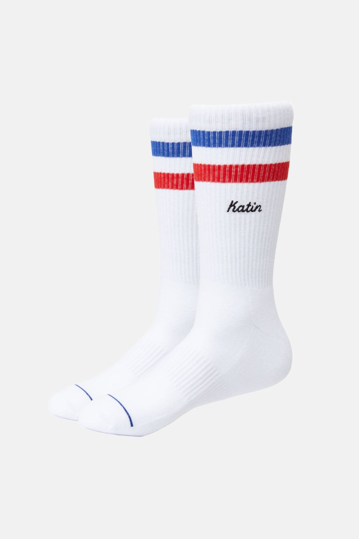 White socks with blue and red stripes on a white background