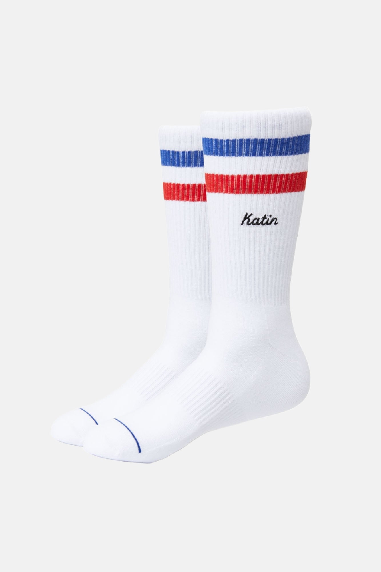 White socks with blue and red stripes on a white background