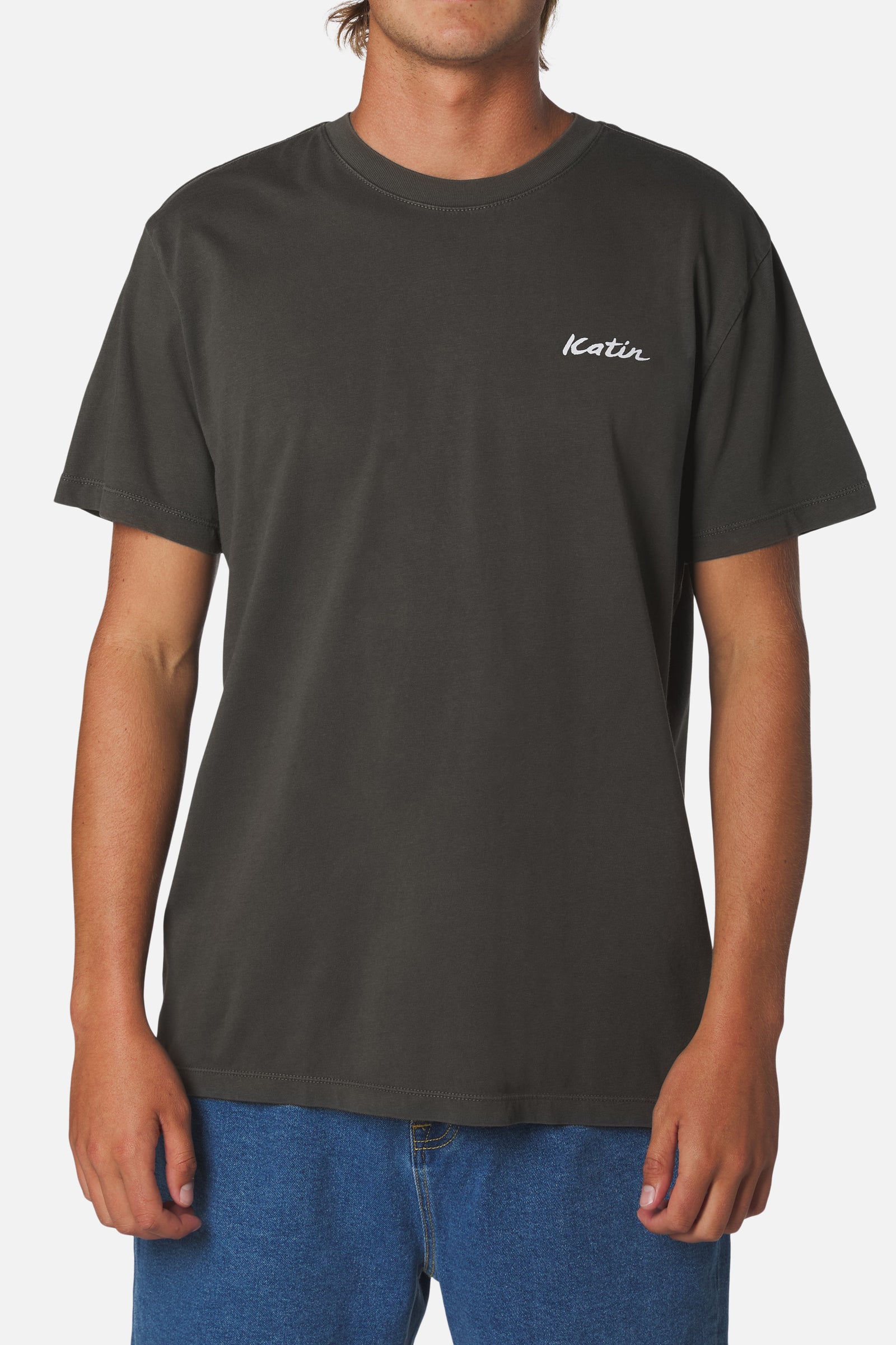 Katin su26 graphic ss tee eden tee black sand wash on model front