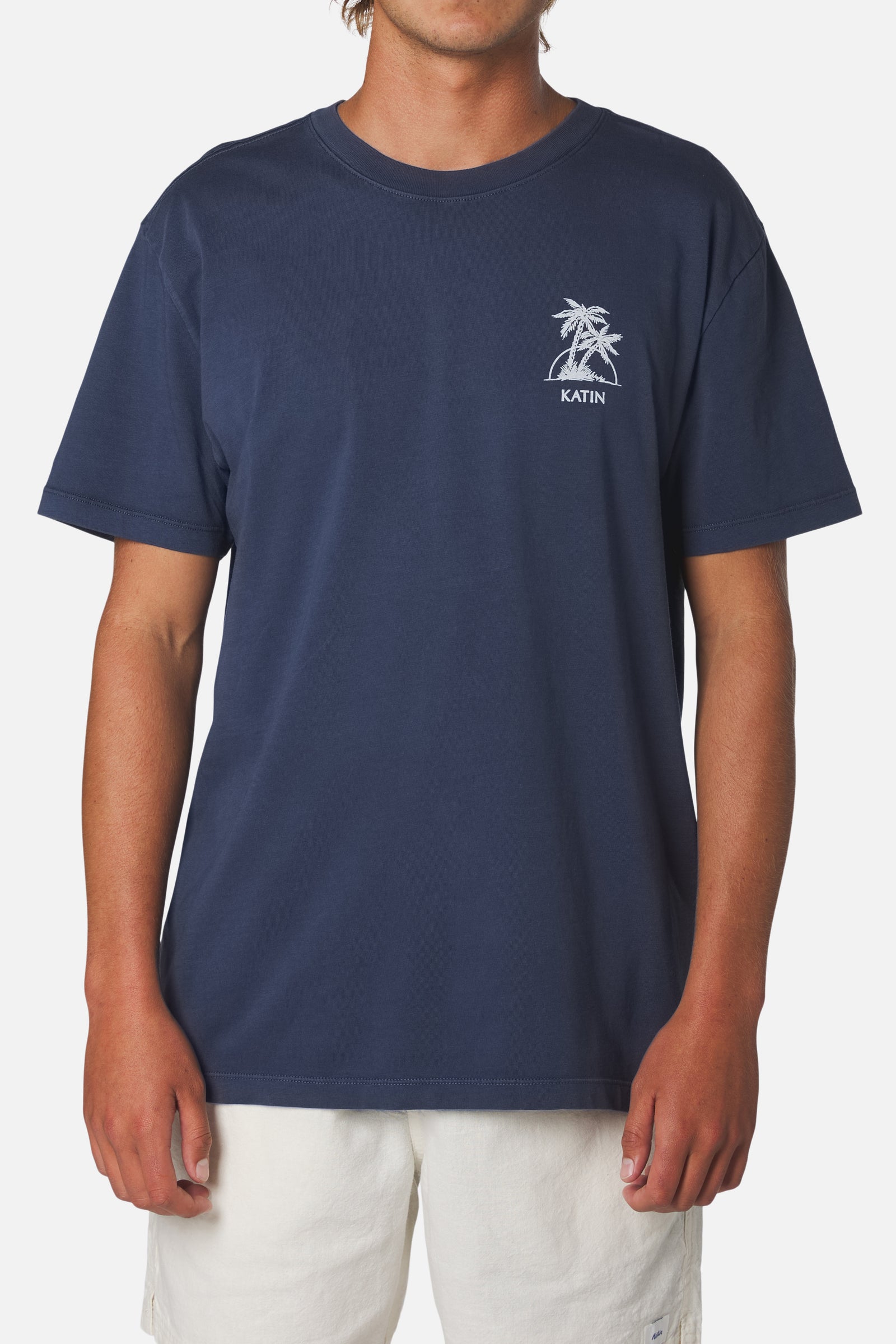 Katin su26 graphic ss tee escape tee midnight tide vintage wash on model front