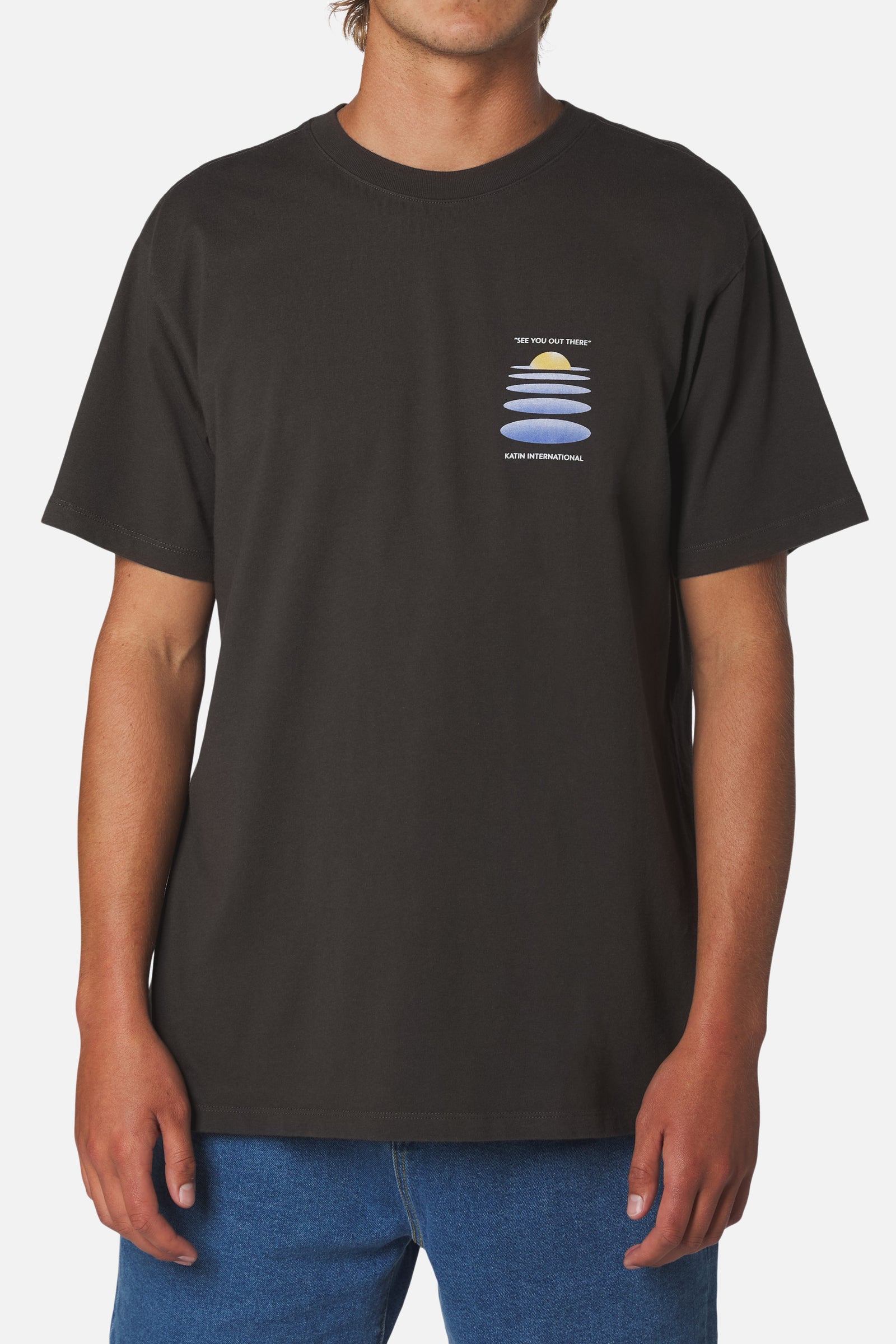 Katin su26 graphic ss tee worlds tee black wash on model front